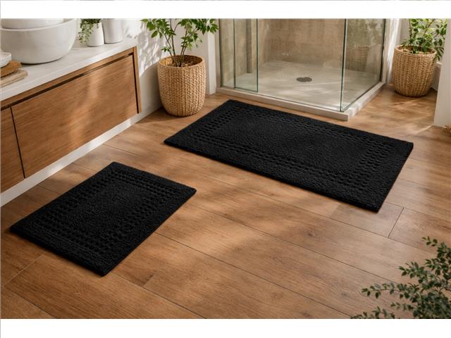 2 PC COTTON CHECK BATH MAT SET (BLACK)