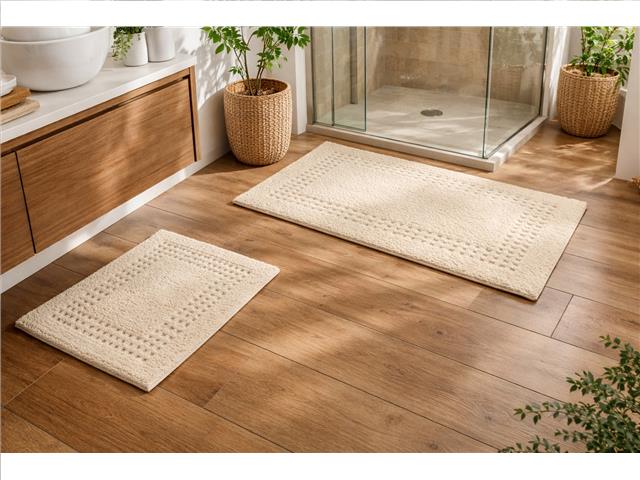 2 PC COTTON CHECK BATH MAT SET (IVORY)