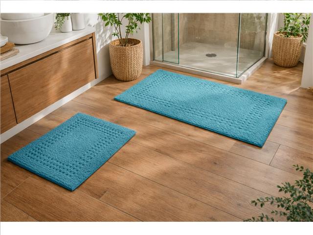 2 PC COTTON CHECK BATH MAT SET (PEACOCK BLUE)