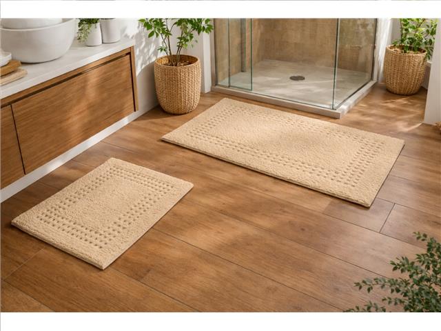 2 PC COTTON CHECK BATH MAT SET (TAUPE)