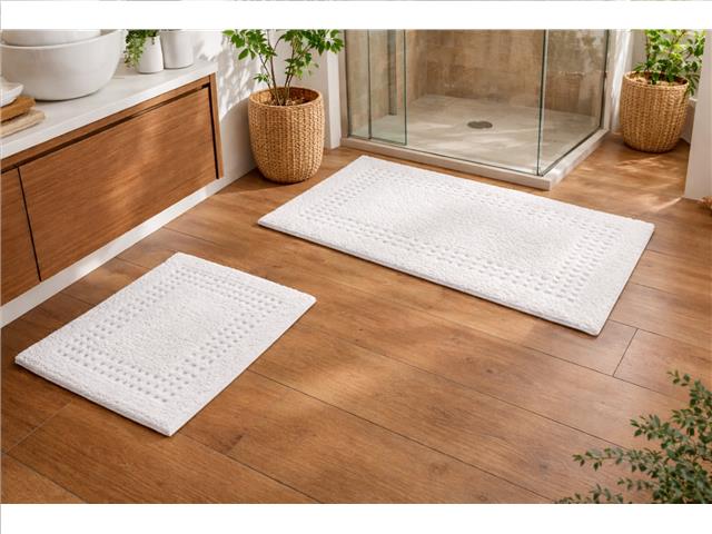 2 PC COTTON CHECK BATH MAT SET (WHITE)
