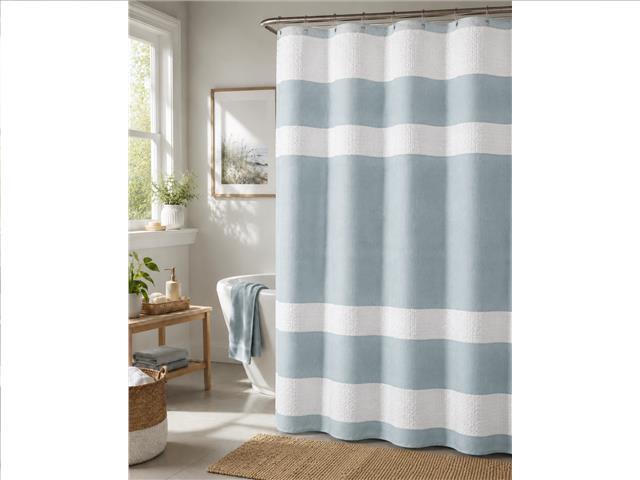 STRIPE WAFFLE SHOWER CURTAIN (72" X 72") (BLUE)