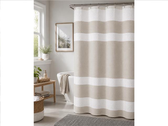 STRIPE WAFFLE SHOWER CURTAIN (72" X 72") (IVORY)
