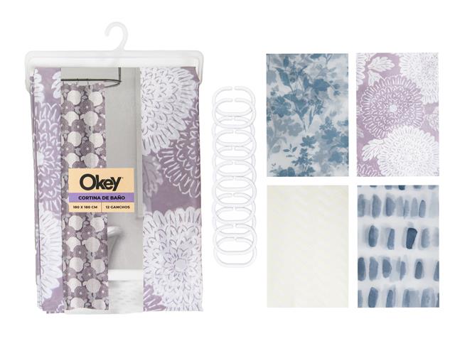 PRINTED PEVA SHOWER CURTAIN WITH 12 C HOOKS (70" X 72") (ASSTD)