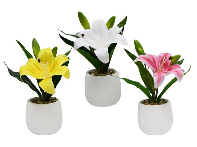 ARTIFICIAL LILIES IN WHITE CEMENT POT (ASSTD)