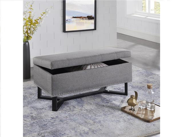 EMERSON FABRIC STUDDED DOUBLE BENCH OTTOMAN (GRAY)