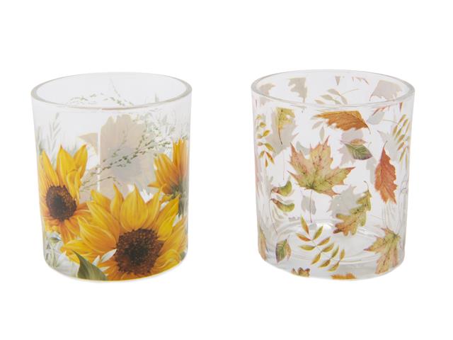 GLASS TEALIGHT HOLDER (SUNFLOWER & LEAVES) (ASSTD)