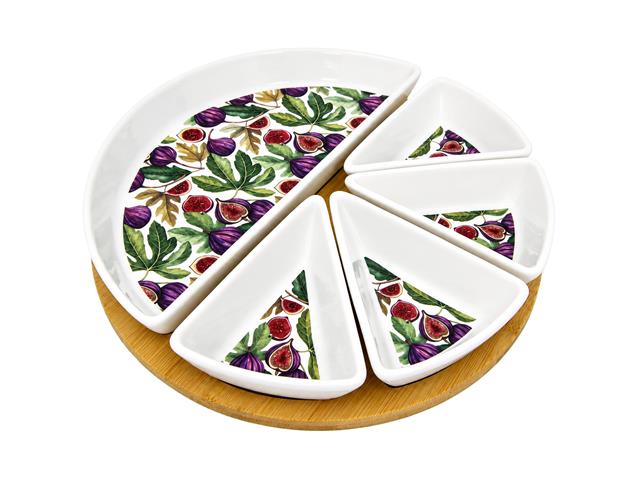 6 PC CERAMIC PIE WEDGE DISH WITH BAMBOO TRAY (FIG)