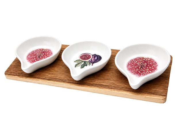 4 PC CERAMIC SHAPED DISH WITH BAMBOO TRAY (FIG)