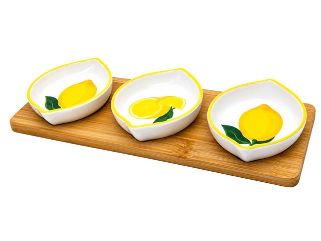 4 PC CERAMIC SHAPED DISH WITH BAMBOO TRAY (LEMON)