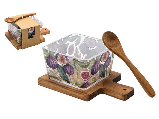 3 PC SQUARE GLASS BOWL AND BAMBOO SERVING SET (FIG)