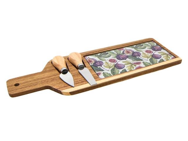 3 PC BAMBOO AND GLASS CHEESE BOARD AND KNIFE SET (FIG)