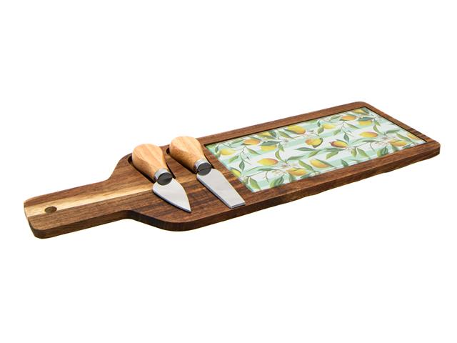 3 PC BAMBOO AND GLASS CHEESE BOARD AND KNIFE SET (LEMON)
