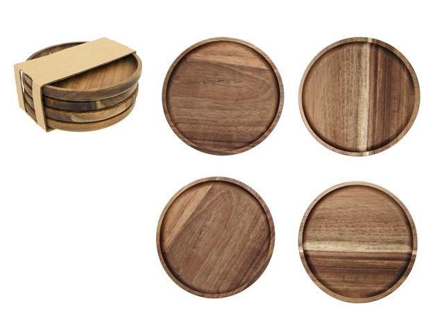 4 PC ACACIA WOOD ROUND TAPA PLATES