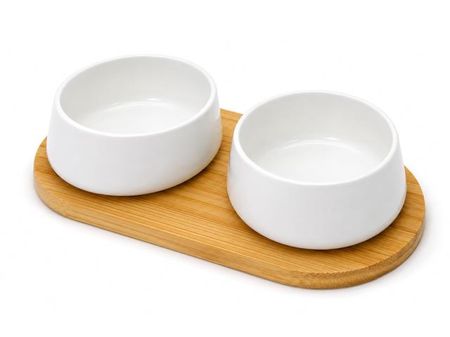 3 PC ROUND CERAMIC BOWL AND BAMBOO TRAY SET