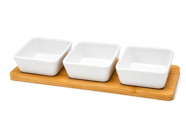 4 PC SQUARE CERAMIC BOWL AND BAMBOO TRAY SET