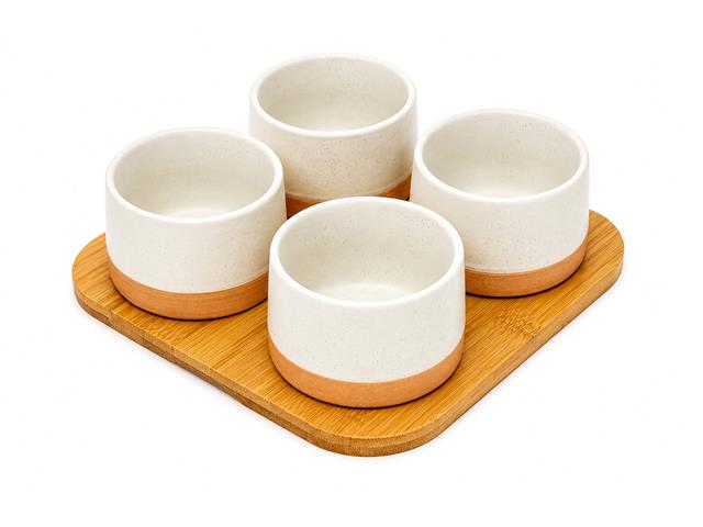 5 PC ROUND CERAMIC BOWL AND BAMBOO TRAY SET