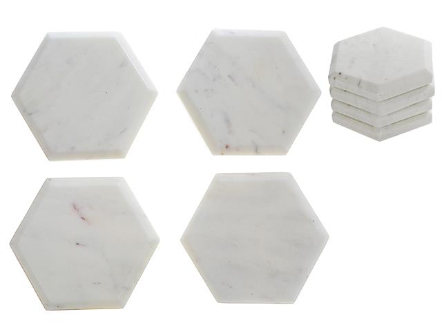 4PC WHITE MARBLE HEXAGON COASTER (4X4")