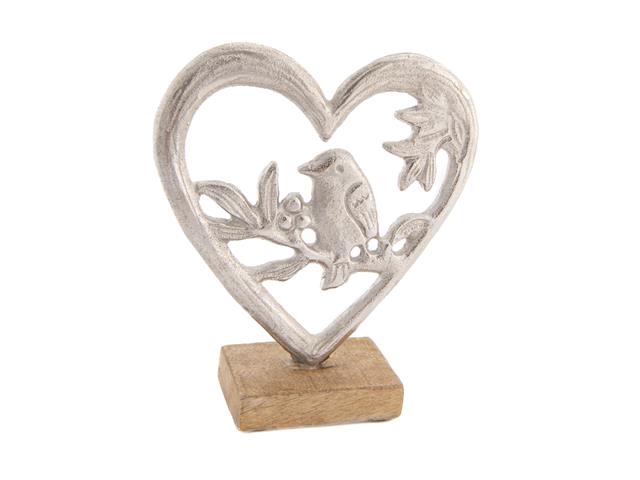 METAL BIRD IN HEART FRAME ON WOODEN BASE DÉCOR