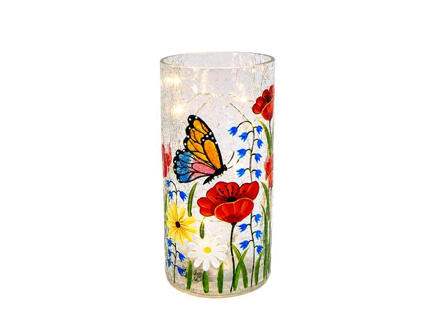 LED CRACKLED GLASS CYLINDRICAL DECOR (FLORAL GARDEN)