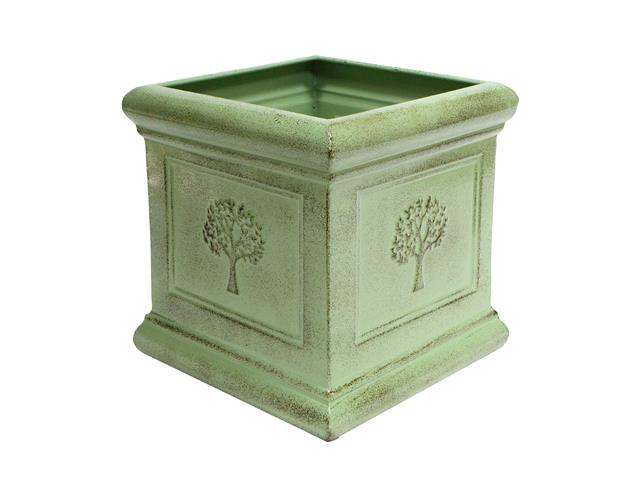 EMBOSSED TREE SQUARE METAL PLANTER (GREEN)