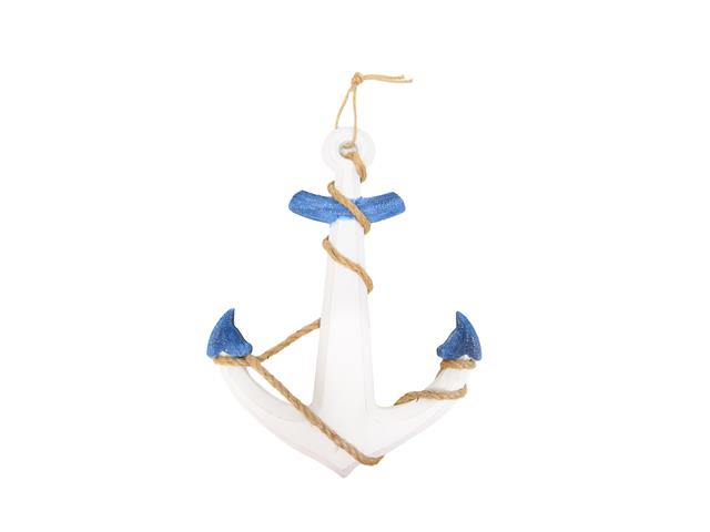 BLUE AND WHITE WOOD ANCHOR WITH ROPE
