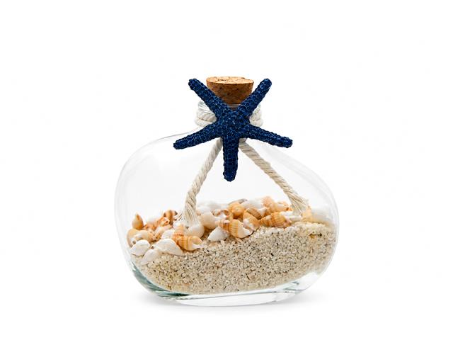 SAND AND SEASHELLS IN GLASS BOTTLE WITH STARFISH