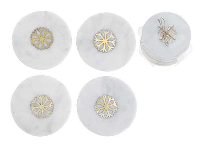 4PC WHITE MARBLE ROUND COASTER W/ SNOWFLAKE BRASS INLAY (4X4")