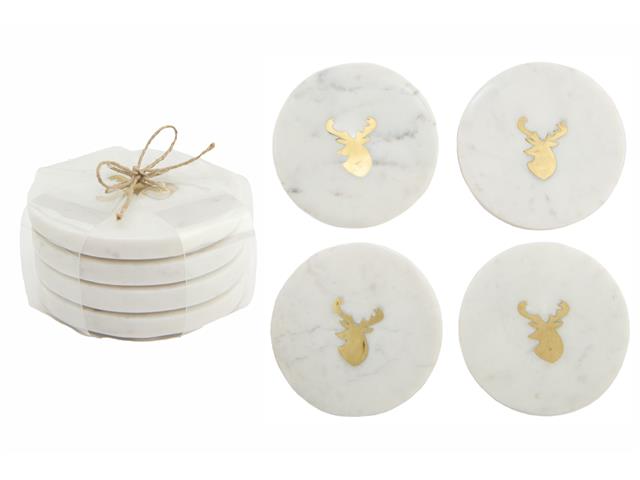 4PC WHITE MARBLE ROUND COASTER W/ DEER HEAD BRASS INLAY (4X4")