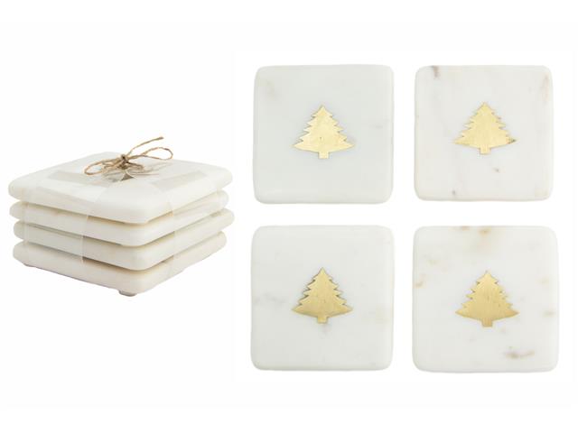4PC WHITE MARBLE SQUARE COASTER W/ TREE BRASS INLAY (4X4")