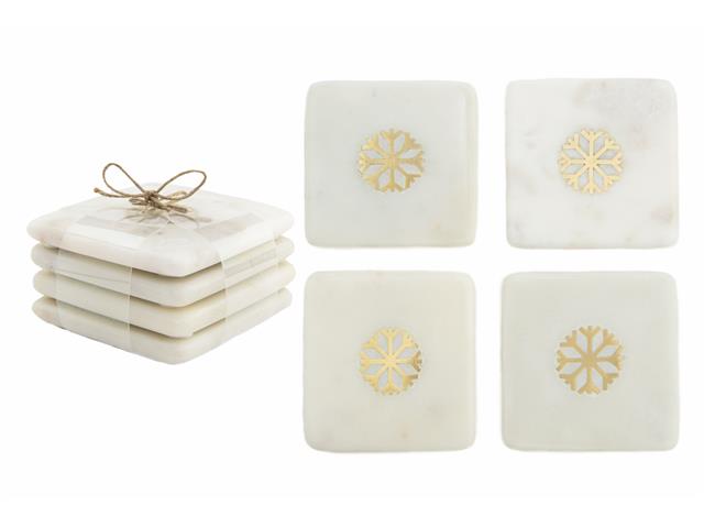 4PC WHITE MARBLE SQUARE COASTER W/ SNOWFLAKE BRASS INLAY (4X4")