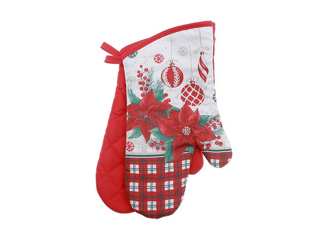 14" OVEN MITTS (2PCS) (POINSETTIA W/ ORNAMENTS)