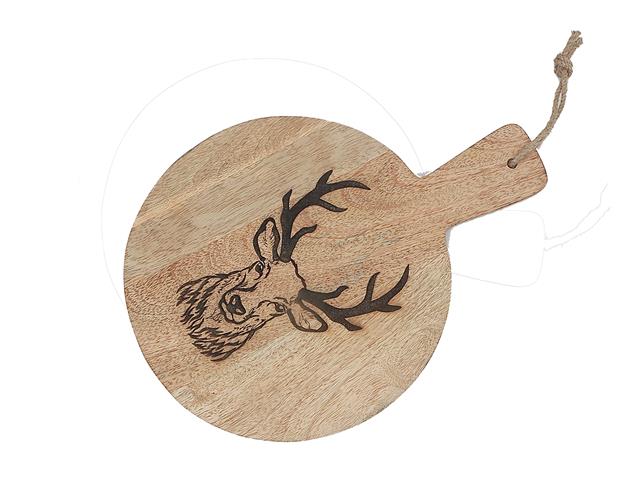 10" MANGO WOOD ROUND REINDEER ETCHED CHEESE BOARD