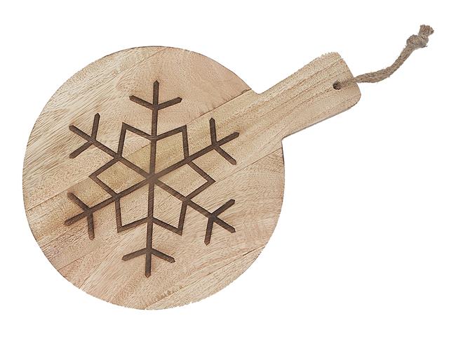 10" MANGO WOOD ROUND SNOW FLAKE ETCHED CHEESE BOARD