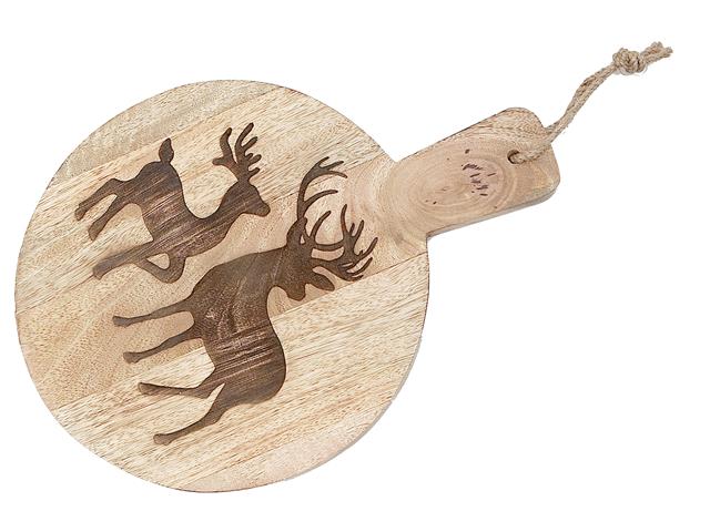 10" MANGO WOOD ROUND TWO REINDEERS ETCHED CHEESE BOARD