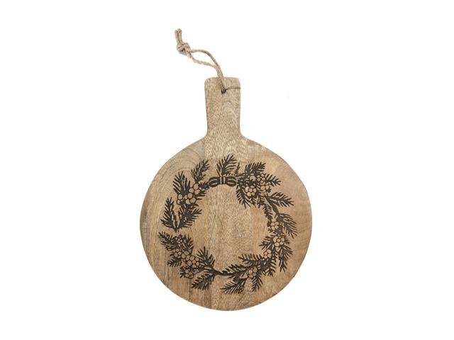 10" MANGO WOOD ROUND WREATH ETCHED CHEESE BOARD