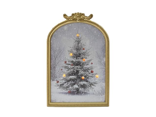 LED ARCH FRAMED WALL ART (SNOWY TREE WITH RED ORNAMENTS)