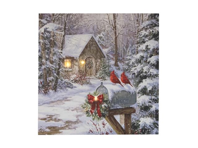 LED CANVAS WALL ART (SNOWY COTTAGE WITH CARDINALS)