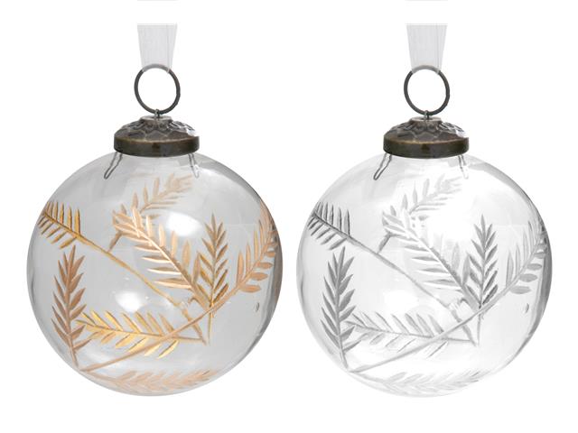 4" CLEAR GLASS ORNAMENT WITH LEAF ETCHING (GOLD + SILVER)