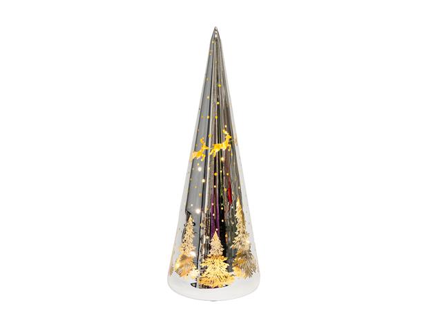 10"  LED GLASS CONE TREE (SANTA FLYING OVER TREE) (SILVER)