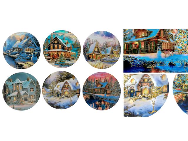 8" ROUND CERAMIC TRIVET WITH GOLD FOIL (WINTER HOUSE) (ASSTD)