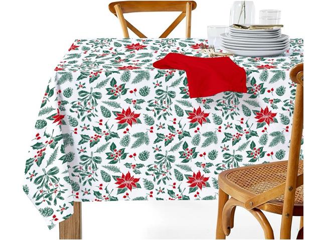 COTTON TABLE CLOTH (60"  X 90") (MISTLETOE POINSETTIA)