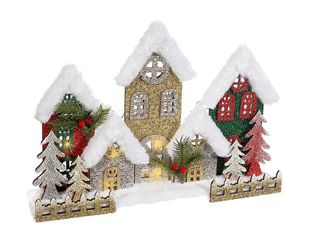 LED SNOW COVERED WOODEN GLITTER VILLAGE (15.3")