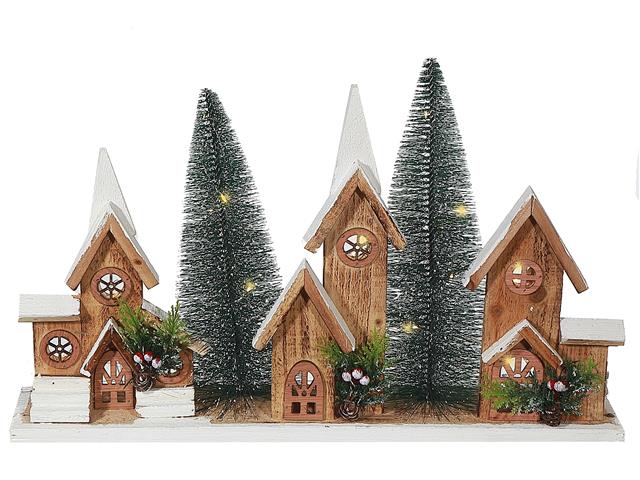 LED TRIPLE WOODEN HOUSE (BROWN) (12.01") (WITH TIMER)