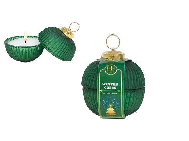 2.3oz SCENTED CANDLE IN RIBBED GLASS ORNAMENT JAR (WINTER GREEN)