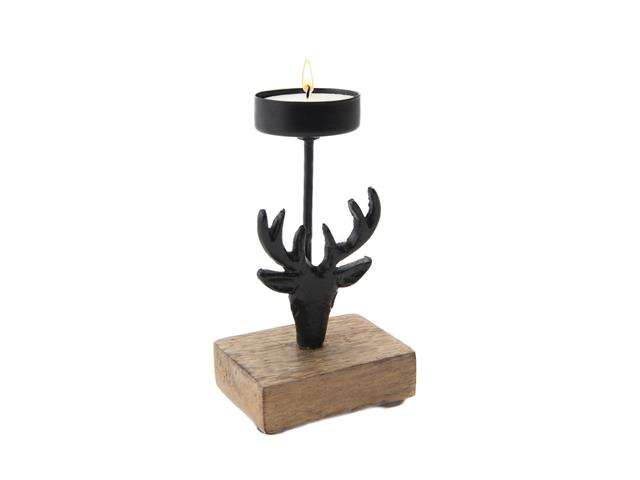 BLACK METAL CANDLE HOLDER WITH MANGO WOOD BASE (REINDEER)